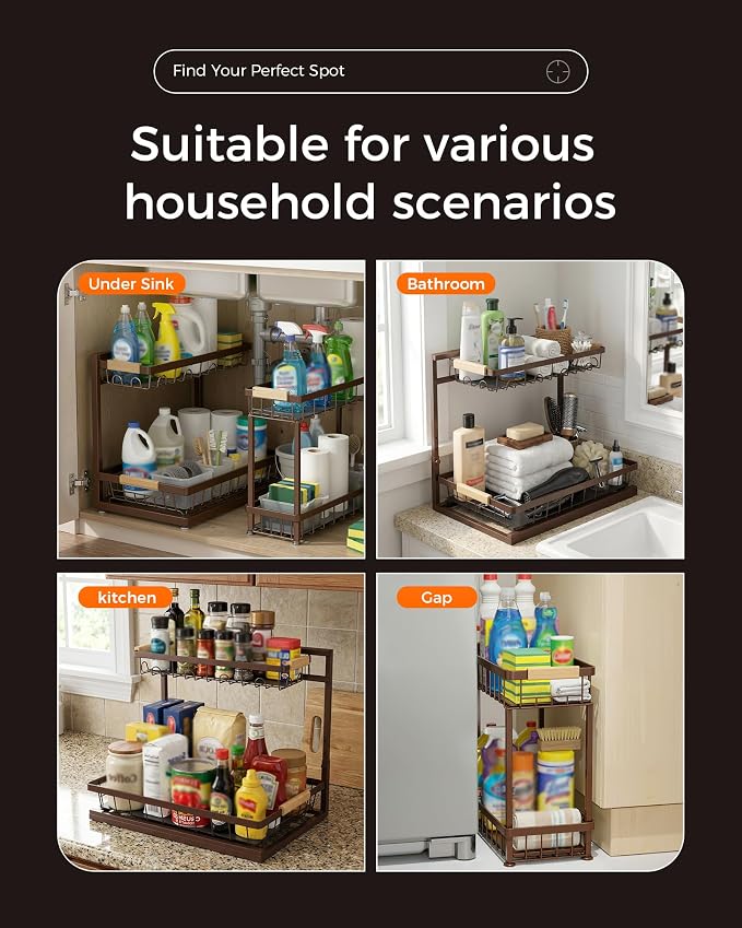2-Pack 2-Tier Height Adjustable Under Sink Organizer & Storage (Brown) - Image 8