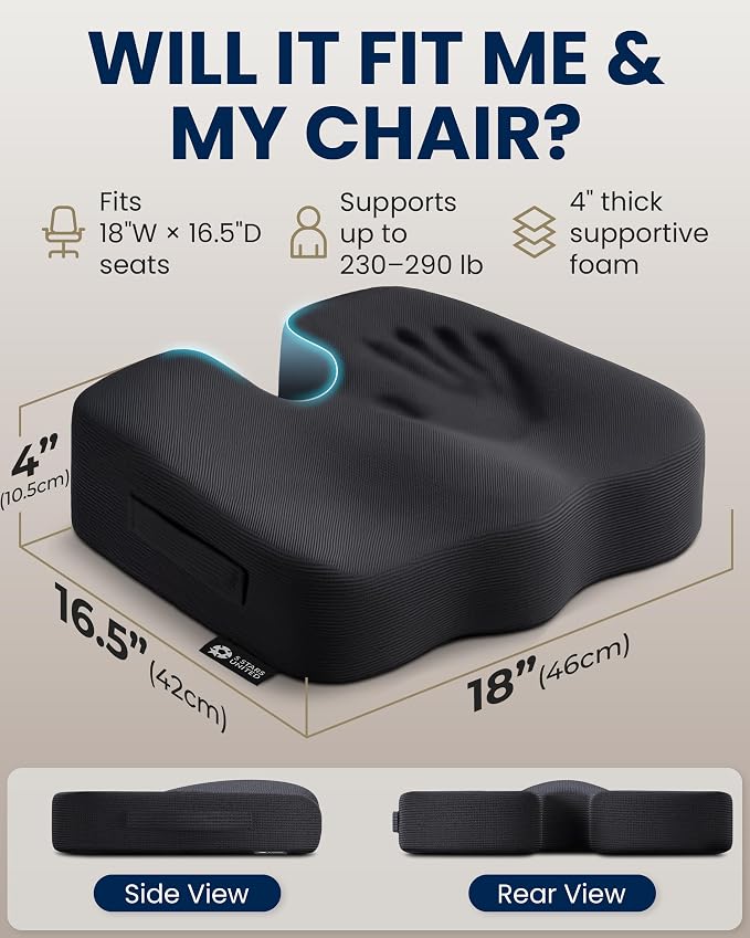 5 STARS UNITED Seat Cushion - Memory Foam Chair Cushion for Tailbone Pain Relief - Ergonomic Support for Coccyx, Sciatica & Butt - Office, Desk & Gaming Chair, Car Seat, Wheelchair, Airplane, Black - Image 5