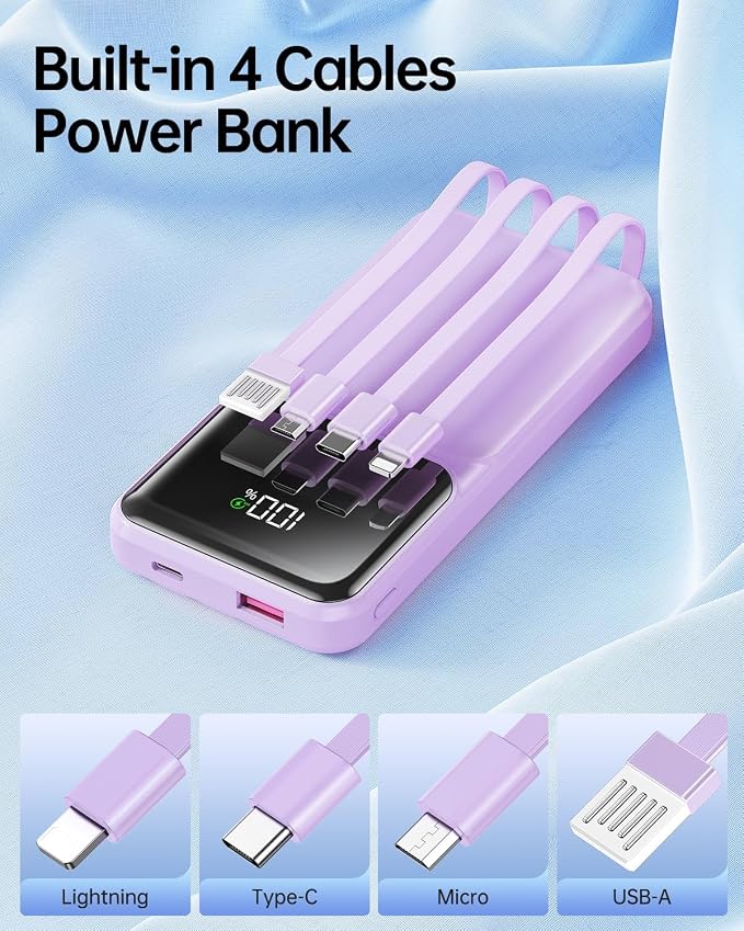 Portable Charger with Built in Cable 20000mAh Fast Charging | Power Bank USB C Slim 22.5W LED Display Battery Pack 5 Outputs & 3 Inputs for Travel Essentials iPhone Samsung Phones Purple - Image 2