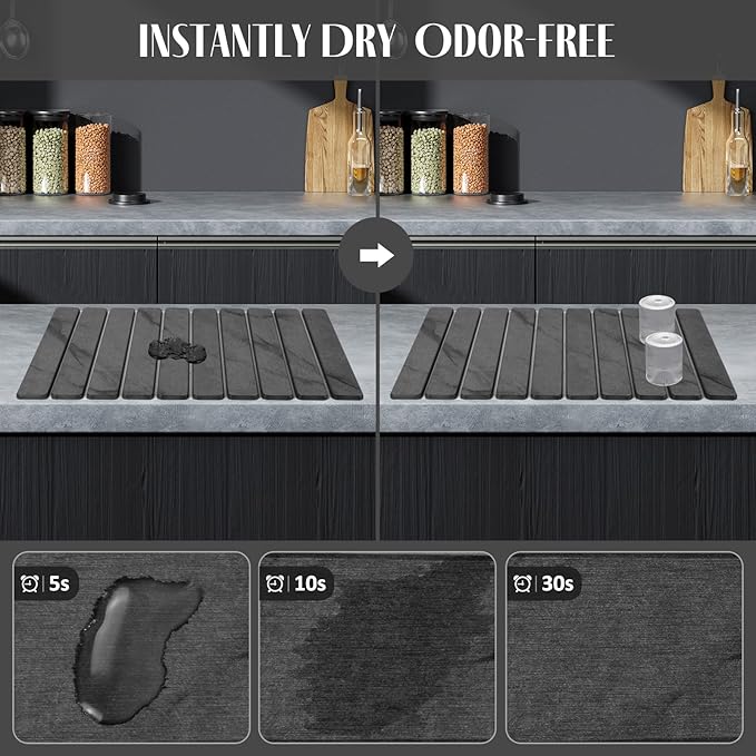 2 PCS Large Stone Dish Drying Mat for Kitchen Counter, 24"×16" Marble Dish Drying Mat with 8"x 4" Coasters, Non - Slip Collapsible Absorbent Mat for Multi - Purpose, Match Any Countertop - Grey - Image 2