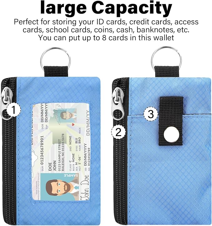 Minimalist RFID Blocking Wallet with 2 Zip Pockets and Lanyard, Water Resistant ID Case with Key Ring and Cards Badge Holder, Coin Purse Pouch for Men and Women Travel Sports -LT BU - Image 2