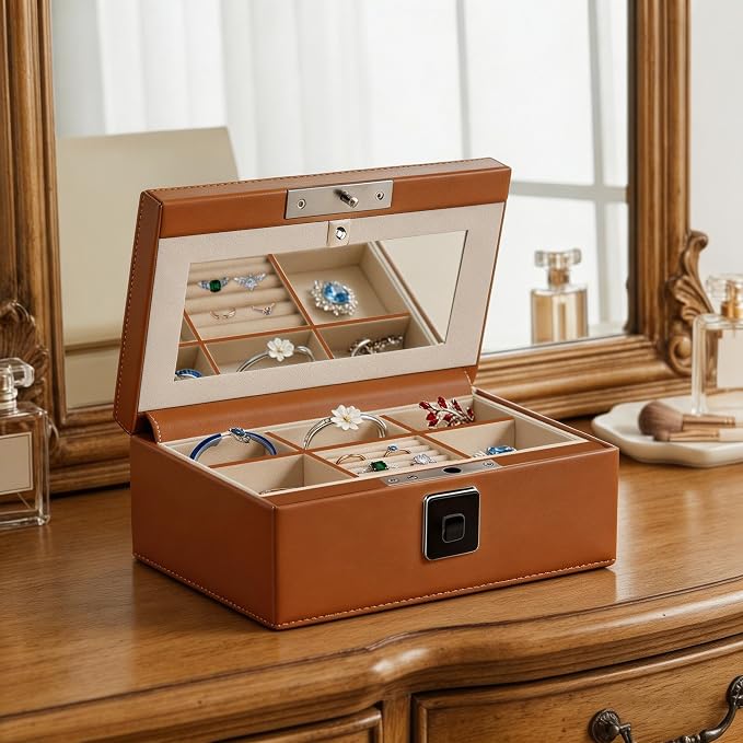 Jewelry Safe, Biometric Fingerprint Safe, Leather Wrapped Jewelry Box with Lock & Mirror, Ultra-Lightweight Jewelry Box Suitable for Home Use & On-the-Go(Three-Tier Brown) - Image 2
