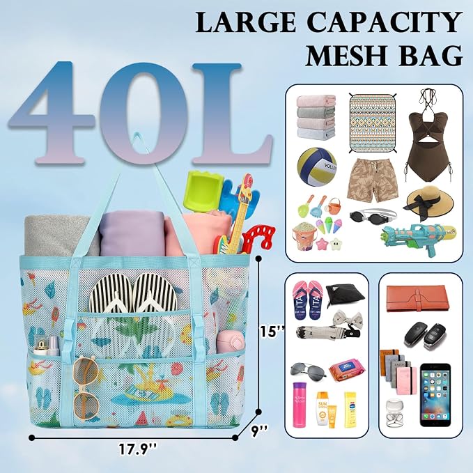 Fammart Mesh Beach Bag for Women, Large Beach Toy Pool Bag with Zipper Pocket, SandProof Cruise Essentials 2026 Family Travel - Image 4