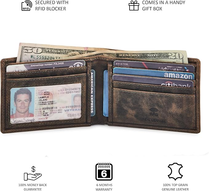 Real Leather Mens Bifold Wallet RFID Blocking Slim Minimalist Front Pocket - Thin & Stylish with ID Window in Gift Box (Crazy Horse, Moss) - Image 5