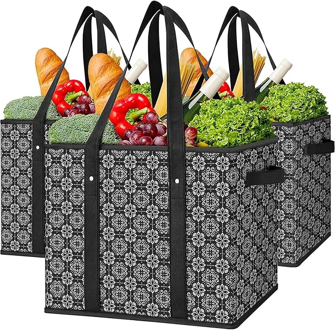 Reusable Grocery Bags 3 Pack, Foldable & Water Resistant Shopping Bags | Large Grocery Tote Bag Water Resistant Shopping Bags Foldable Grocery Bag for Clothes,Shoes and Picnic by WiseLife