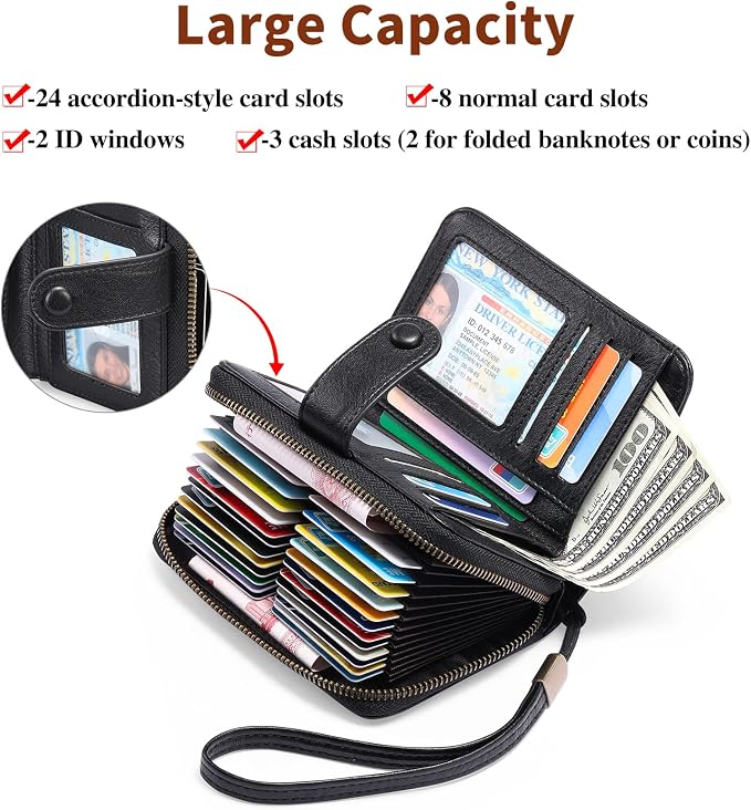 GAEKEAO Leather Credit Card Holder Wallet for Women RFID Blocking Large Capacity Bifold Zipper Card Case Organizer with Wristlet 32 Slots - Image 2