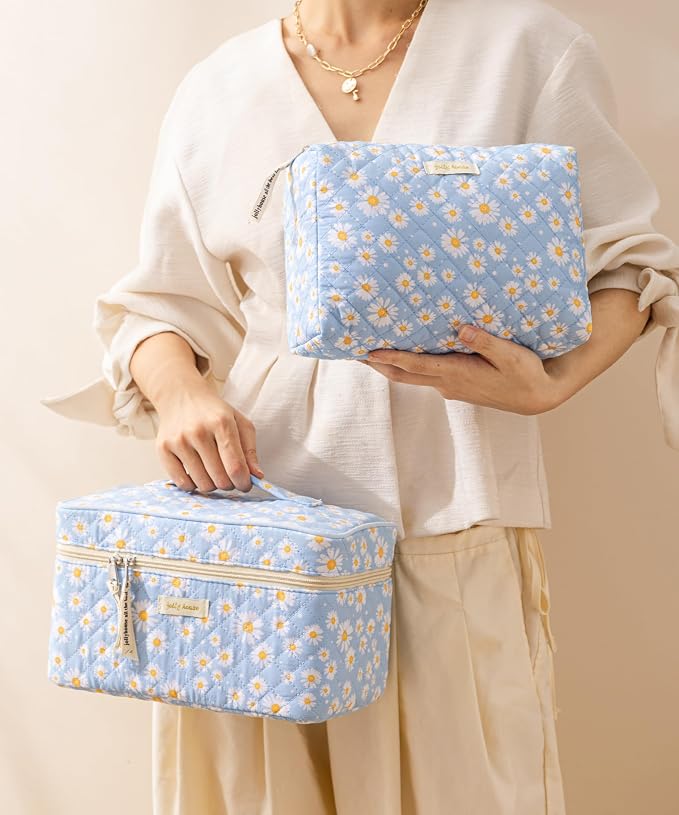 HBselect Quilted Makeup Bag, 3Pcs Cotton Large Travel Makeup Bags Organizer | Cute Floral Make up Bag Cosmetic Bag Toiletry Bag for Women Girls, Makeup Pouch for Skincare, Brushes & Travel Essentials - Image 7