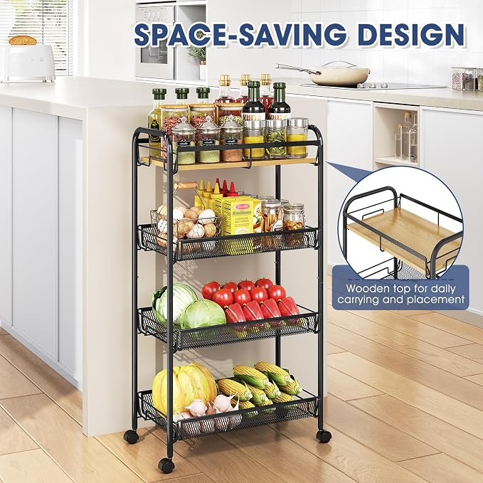 TOOLF 4-Tier Rolling Cart, Metal Utility Cart, Slide Out Storage Cart with Wooden Tabletop and Mesh Baskets, Easy Assemble Trolley for Kitchen Bathroom Laundry Room Bedroom Apartments Dormitory - Image 4