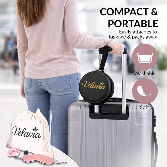 Travel Neck Pillow,Ergonomic 360° Memory Foam Support for Head, Neck. Adjustable for Long Flights. Soft &Washable Cover, EVA Box, 3D Eye Mask, Earplugs, Hair Tie & Luxury Bag (Pink) - Image 5