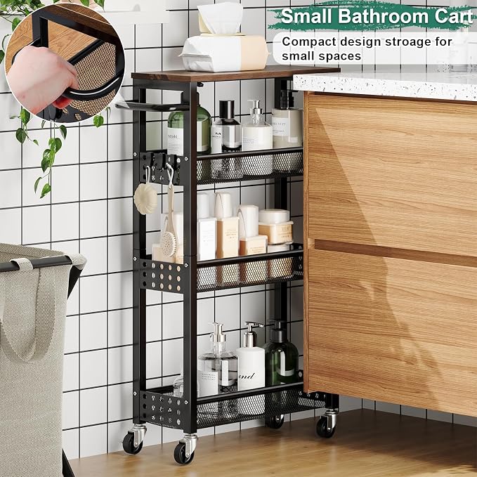 Laundry Room Slim Rolling Cart with Wheels for Between Washer and Dryer Gap | Utility Slim Storage Cart with Table Top, Small Laundry Organizers and Storage Shelves, Thin Shelf for Narrow Spaces, 4 Tier - Image 6