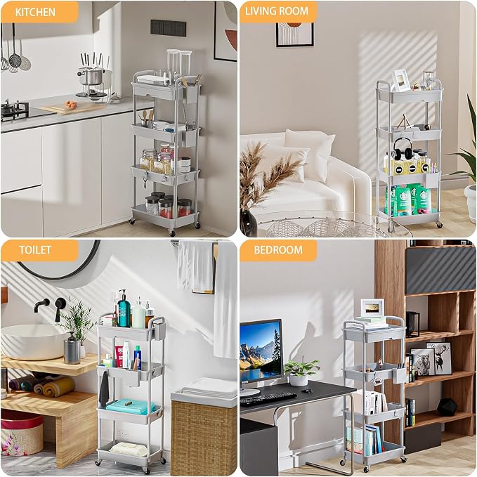 4 Tier Rolling Utility Cart with Drawer,REBECAT Utility Cart Made of Multifunctional Storage Organizer Tool for Kitchen,Bathroom,Living Room,Office(Gray) - Image 6