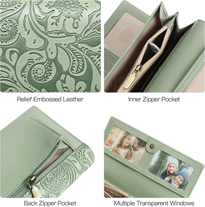 GOIACII Wristlet Wallets for Women RFID Blocking Western Clutch Green | Embossed Leather, Vintage Design, Trifold, Large Billfolds, Ladies Purses with Zipper Coin Pocket - Image 7
