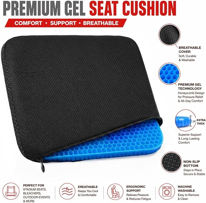 Cooling Gel Seat Cushion for Long Sitting, Double Thick Breathable Design | Non-slip Base and Washable Zip Cover, Carry Bag, Portable Seat Pad for Car, Wheelchair, Stadium Seats, Travel & Outdoor Use - Image 3