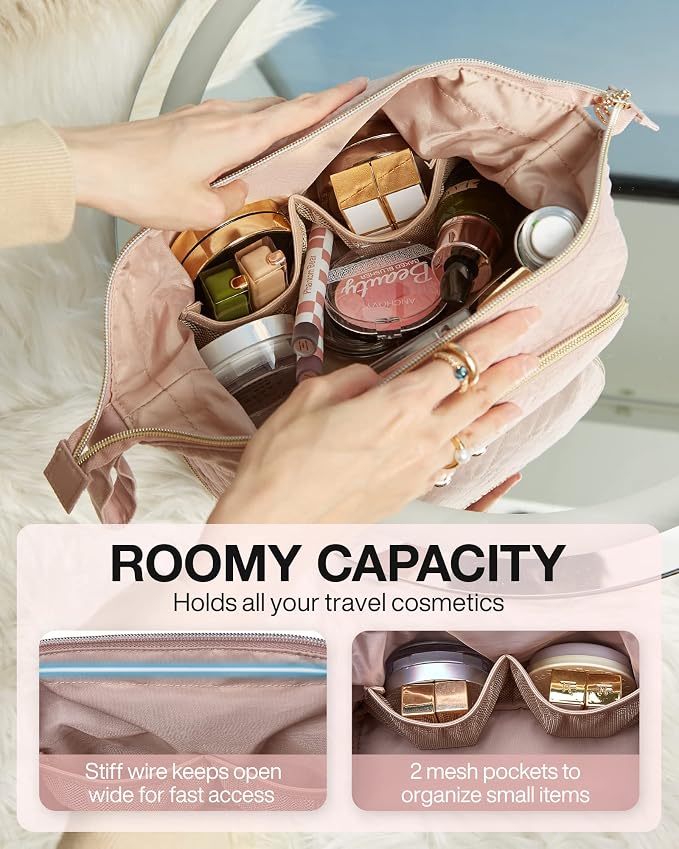 BAGSMART Travel Makeup Bag, Cosmetic Bag Make Up Organizer Case, Dorm Room Essentials Large Wide-open Pouch Women Travel Essentials Double Layers Purse for Toiletries Accessories Brushes Pink - Image 2
