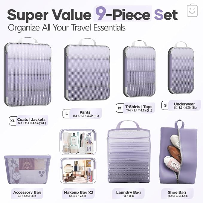 Veken 9/11 Set Compression Packing Cubes Garment Bags for Travel Essentials,Compressible Expandable Luggage Organizer Bags for Clothing,Space Saver Bags with Over 1000 pcs of Mesh Holes(Purple Gray) - Image 2