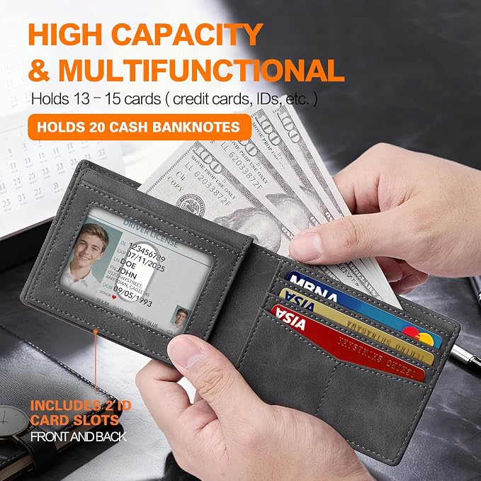Wallet for Men Slim RFID Blocking Bifold Carbon Fiber,Minimalist Small Compact Front Pocket Credit Card Holder,Thin Mens Leather Wallets Smart Security With 2 ID windows 1 Cash (Crazy Horse Grey) - Image 4