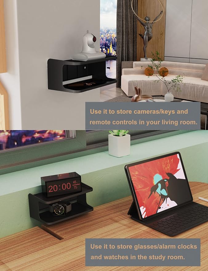 Bedside Wall Shelf Organizer, Small Bedside Shelf, (Black) | Wall Mount for Bed, Stick on Wall Shelf, Double Tray Holder for Storing Cellphone, Glasses, Keys, Camera , Alarm Clock - Image 5