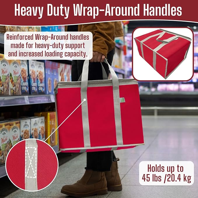 VENO 3 Pack Cooler Bag Insulated Grocery Bags for Food Delivery Heavy Duty | Large Collapsible Cooler, Reusable Shopping Tote w/ Zippers, Foldable, Stands Upright, for Groceries Camping (Red, 3 Pack) - Image 4