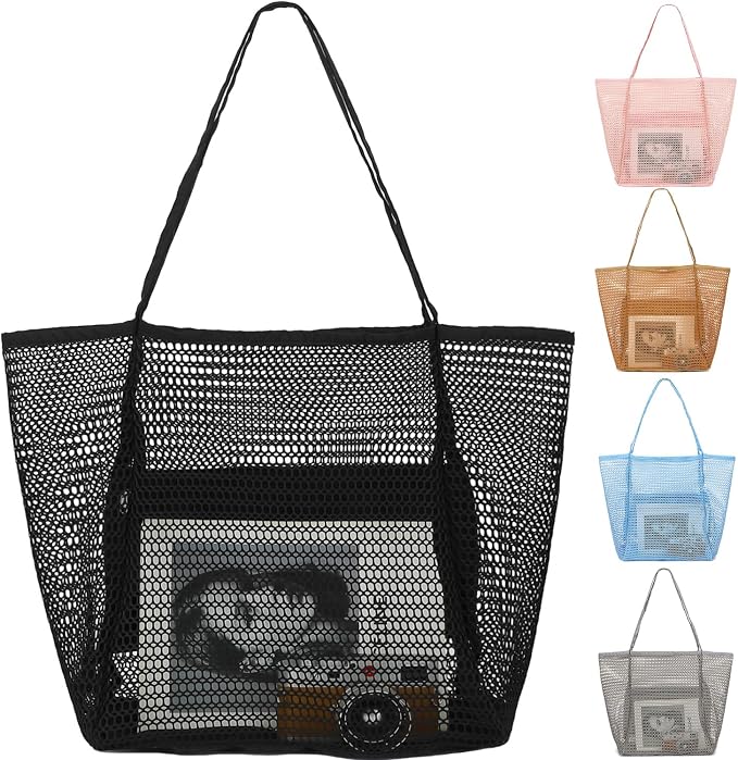 Fammart Mesh Beach Bag for Women, Summer Straw Tote Hobo Pool Bags with Zipper Pocket, Travel Vacation Cruise Essentials 2026 by Fammart