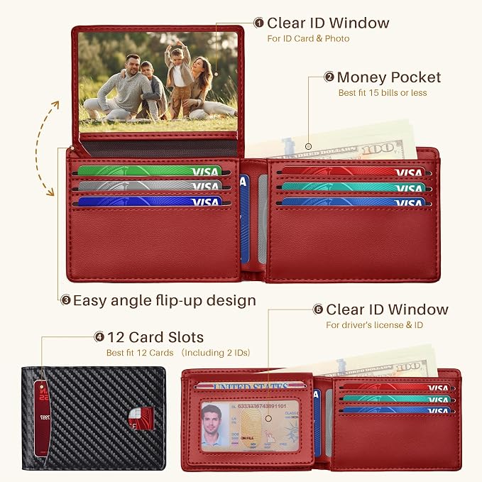 Tipmile Wallet for Men Slim RFID Blocking Credit Card Holder, Minimalist Men Wallets 12 Cards with 2 ID Windows & Cash Slot, Bifold Front Pocket Wallet Gifts for Men - Image 2