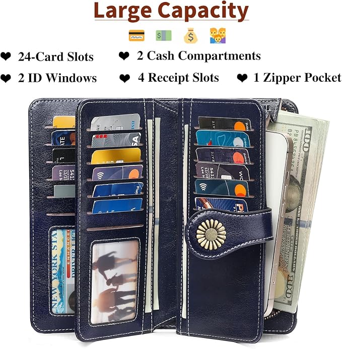 SENDEFN Wallets for Women Leather Credit Card Holder with RFID Blocking Large Capacity Wristlet | with RFID Blocking - Image 3