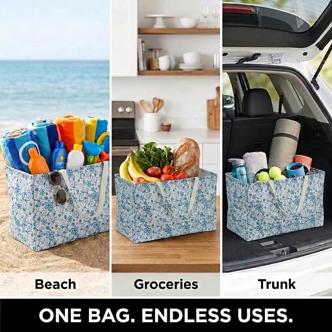 Household Essentials White and Blue Floral Krush Container All-Purpose Utility Tote - Image 5