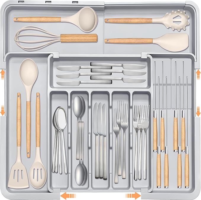 Silverware Drawer Organizer for Kitchen, Adjustable Utensil Drawer Organizer with 2 Knife Block, BPA Free Flatware and Cutlery Holder, Expandable Plastic Storage for Spoons Forks Knives(Grey) by HOMECOR