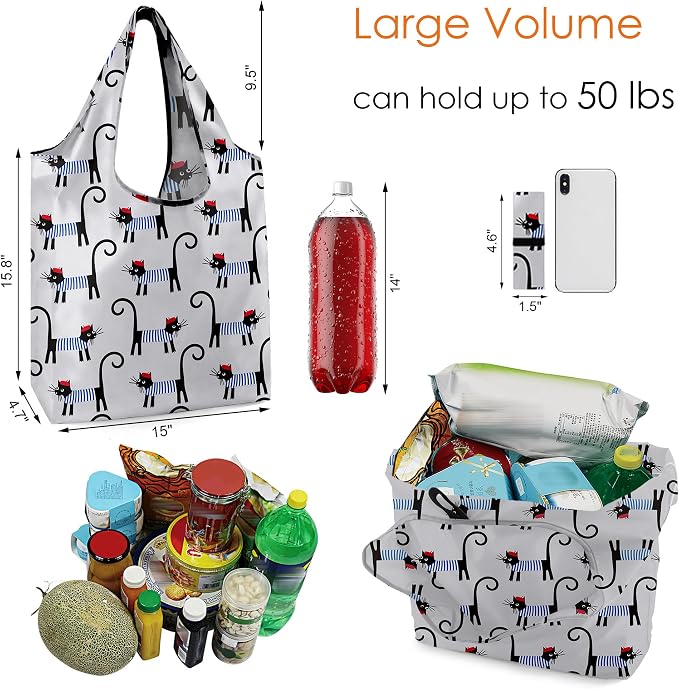 BeeGreen Gifts for Cat Lovers 6 Pack Cats Reusable Grocery Bags with Elastic Band Reusable Shopping Bags Bulk 50LBS X-Large Foldable-Machine Washable-Heavy Duty Kitten Bags - Image 3
