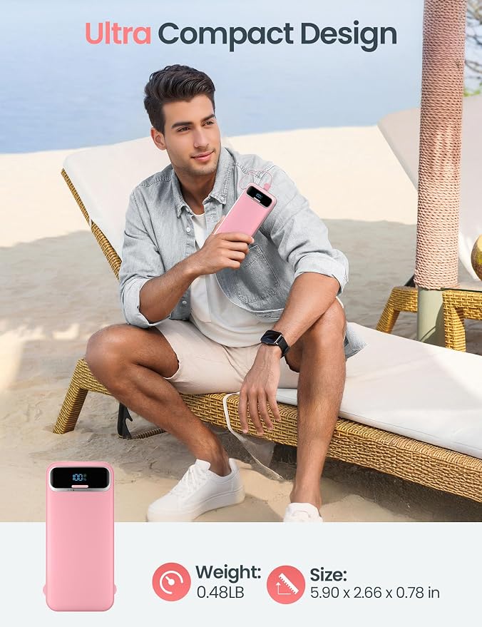 aonidi Portable Charger 12000mAh with Built-in Cables&AC Wall Plug, Pink | PD20W USB C Fast Charging,LED Display External Travel Power Bank,TSA approved Battery Pack for All iPhone,Samsung,Android - Image 8