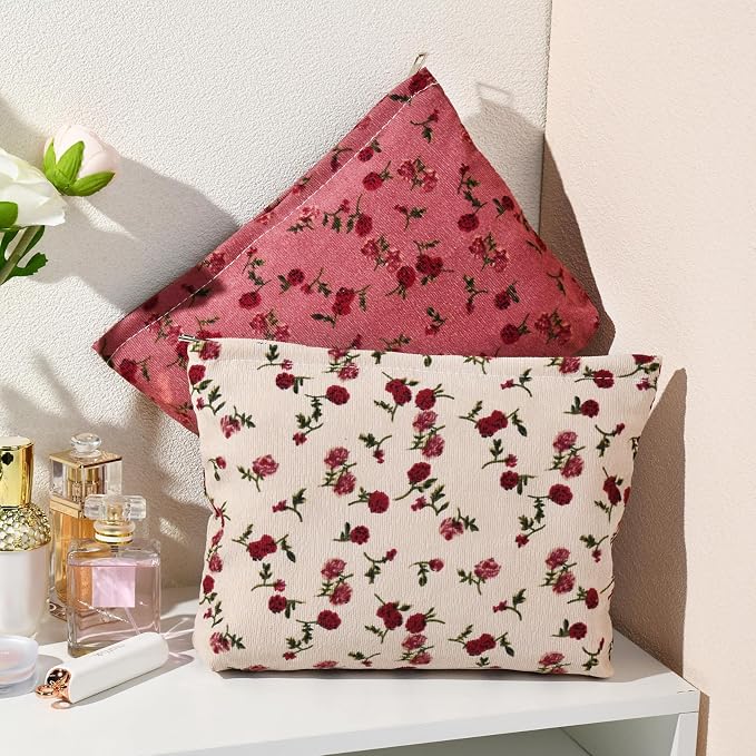 SOIDRAM 2 Pieces Rose Makeup Bag Large Corduroy Cosmetic Bag Capacity Canvas Travel Toiletry Bag Organizer Cute Makeup Brushes Aesthetic Accessories Storage Bag for Women, Rose L White Pink - Image 7