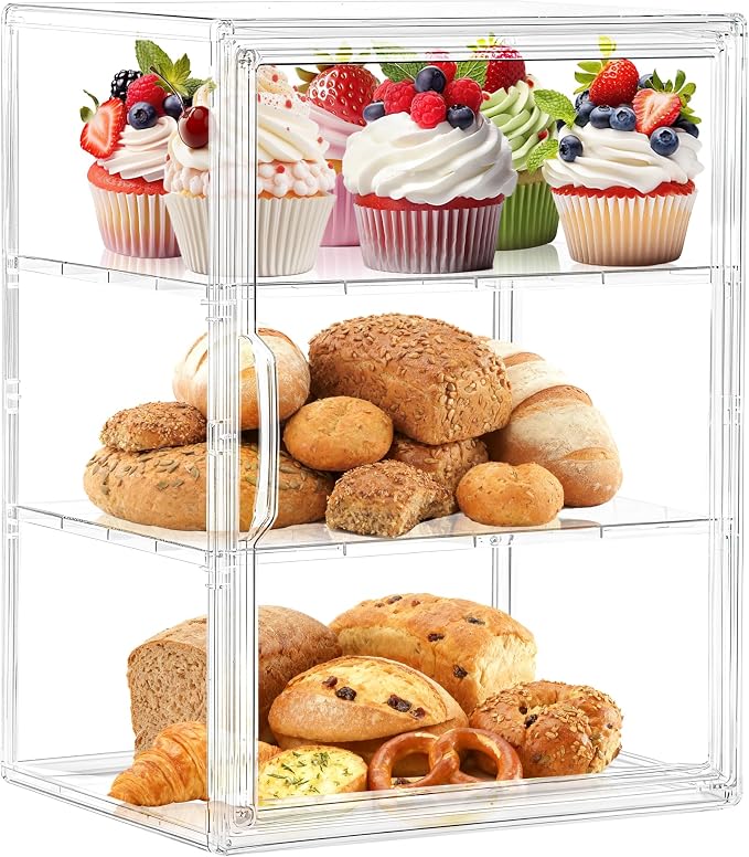 Bread Box for Kitchen Countertop,3 Layers Pastry Display Case, 1 Pack | Adjustable Shelves, Magnetic Door, Clear Acrylic Display, Easy Assembly, Stable Design, for Bread, Cookies, Cakes & Pastries by SANKEUHomeStorage