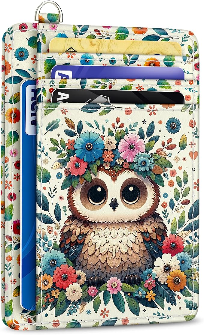Yonlevres Floral Owl Credit Card Holder Slim RFID Wallet Women Small Travel | Front Pocket, Handy, RFID Blocking, Woman Girls Ladies Gifts, D-ring for Keychain,Thin Mini Card Case, ID Window, PU Leather by Yonlevres