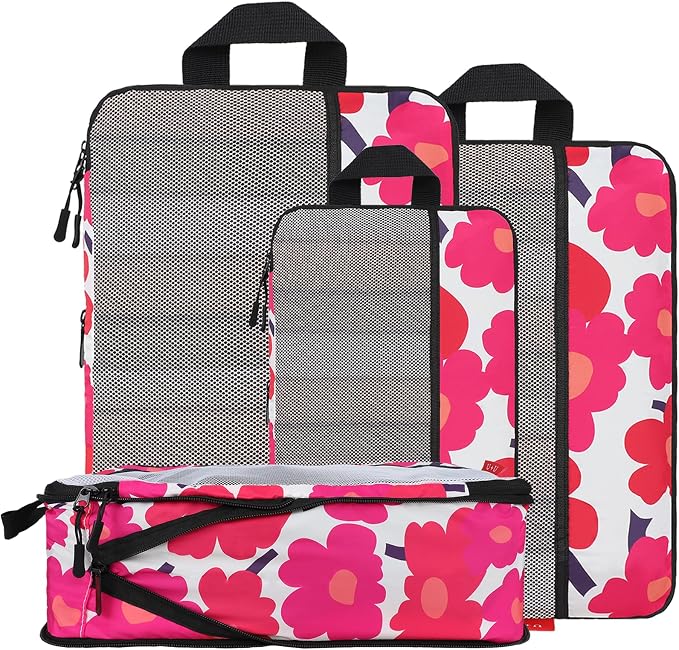 U+U 4 Set Compression Packing Cubes, Travel Organizers (Red Flower) | Space-Saving & Lightweight Travel by UU