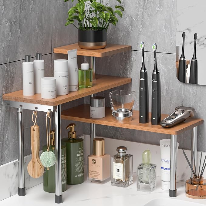 ZHWS Bathroom Counter Organizer Corner Countertop Shelf Adjustable 3 Tier Corner Shelf Kitchen Counter Organizer with 4 Metal Hooks for Bathroom Counter, Makeups, Dresser Table, Over Sink by ZHWS