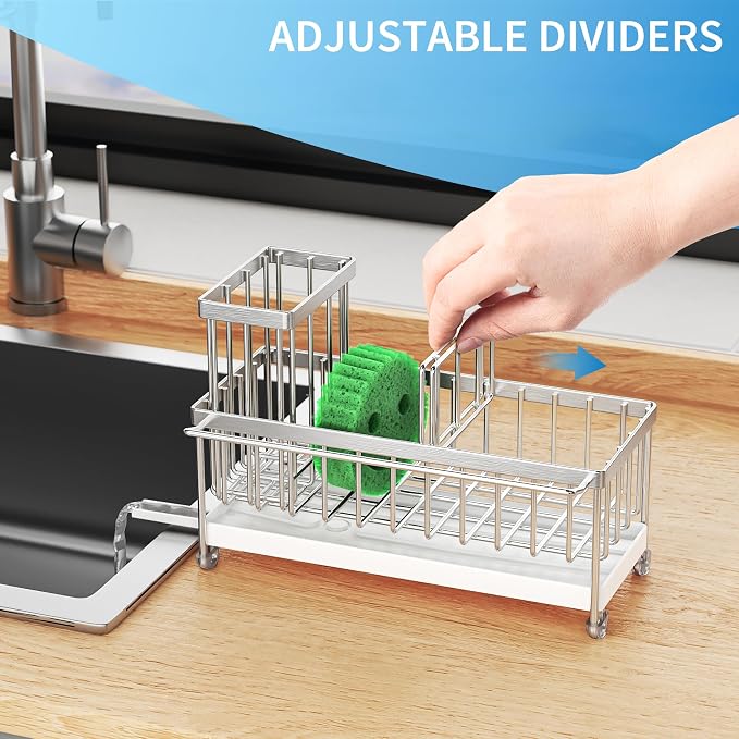 Cisily Sponge Holder for Kitchen Sink, Sink Caddy Organizer with High Brush Holder, Kitchen Countertop Organizers and Storage Essentials, Rustproof 304 Stainless Steel (Silver with Towel Rack, 9.25″) - Image 4