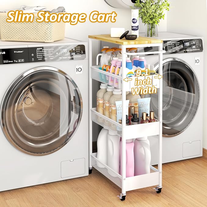 Vincona 9.1" Wide Slim Rolling Utility Cart, 4 Tier Metal Narrow Storage Cart with Handle and Wood Top, Multifunctional Small Mobile Shelf Unit Organizer Trolley for Laundry, Bathroom, Kitchen - Image 2