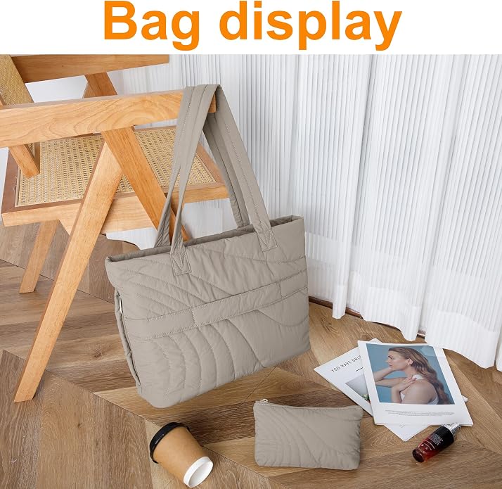 Quilted PufferTote Bag for Women with Wallet,0.741bs Lightweight Large Capacity Handbag for Travel,Work,Gym,Daily - Image 9