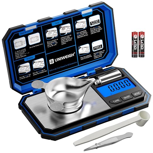 Milligram Scale Precision 0.001g/50g | Digital Jewelry Scale for Powder,Gold,Gem,Reloading,Micro Gram,Coins Scale 6 Units,Tare,Pocket mg Scale with Cal Weight by UNIWEIGH
