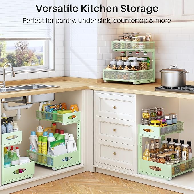 Under Sink Organizer, 2 Tier Pull Out Under Cabinet Organizer Shelf with Pad for Framed Cabinets, Metal Slide Out Under Sink Storage, Mesh Sliding Drawers for Kitchen Bathroom Laundry(Green, 1 Pack) - Image 8