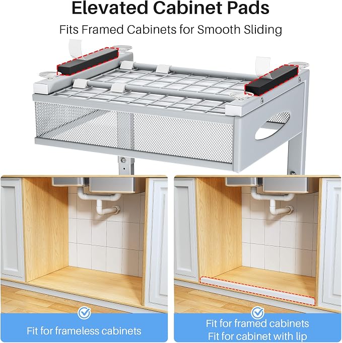 Under Sink Organizer, 2 Tier Pull Out Under Cabinet Organizer Shelf with Pad for Framed Cabinets, Metal Slide Out Under Sink Storage, Mesh Sliding Drawers for Kitchen Bathroom Laundry(Grey, 1 Pack) - Image 3