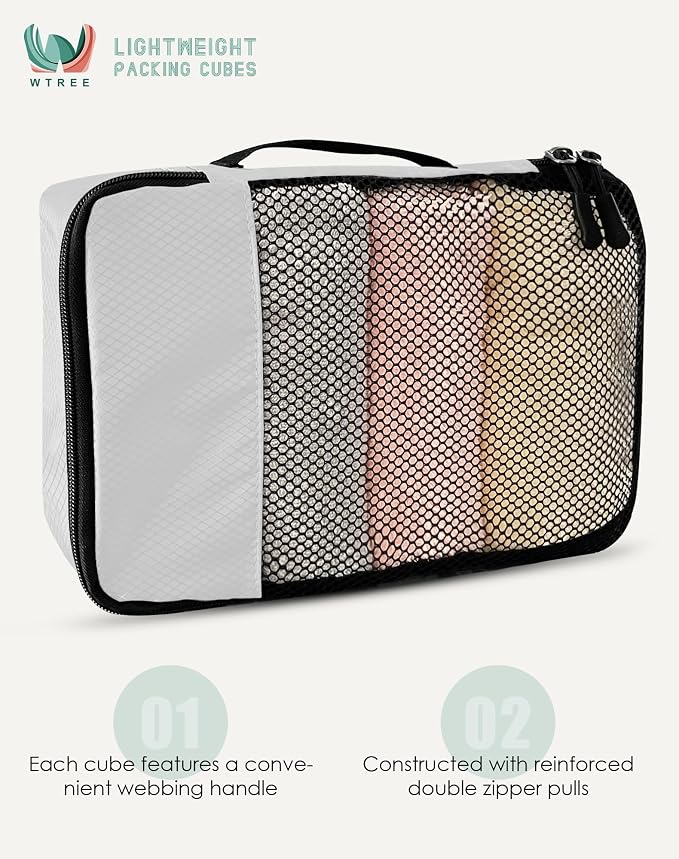 WTREE 4-Piece Packing Cubes Travel Accessories Set for Suitcases - Luggage Organizer Bags with Double Zipper - Mesh Top - Medium - Beige - Image 4
