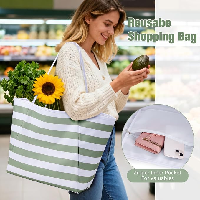 KALIDI Beach Tote Bag Women Large Waterproof Sandproof Shoulder Handbags | Foldable Grocery Bag Striped Pool Bag Lightweight Travel Purse for Picnic Travel Vacation Casual Errands Everyday Daily - Image 3