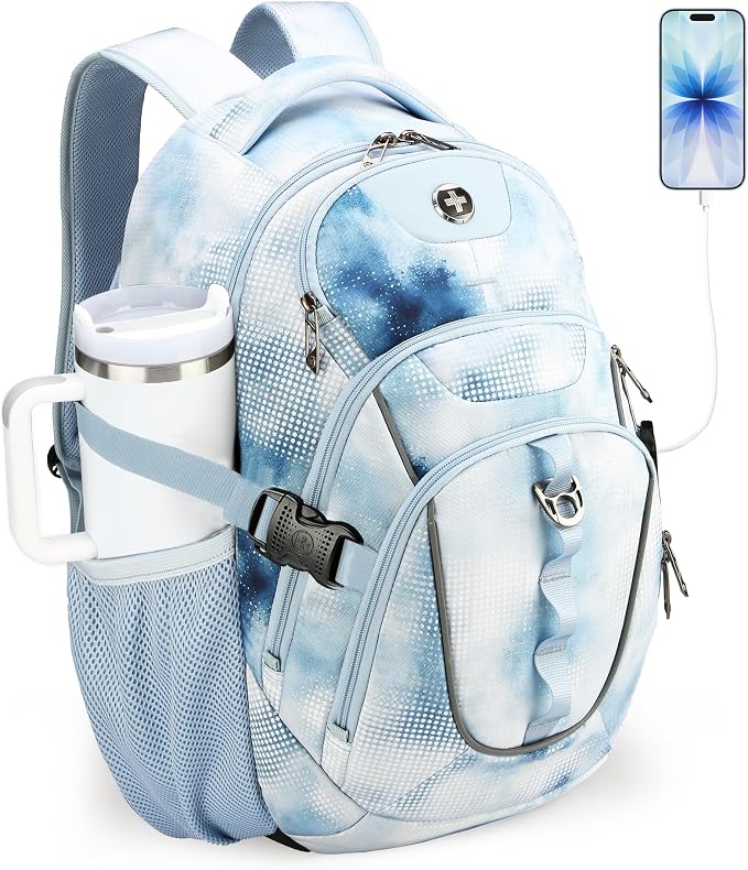 Swissdigital Laptop Backpack with USB Charging Port, 31l Backpack for Men | USB Charging Port, 31l, Travel Backpack, Polka Blue SD803-105 by SwissdigitalDesign