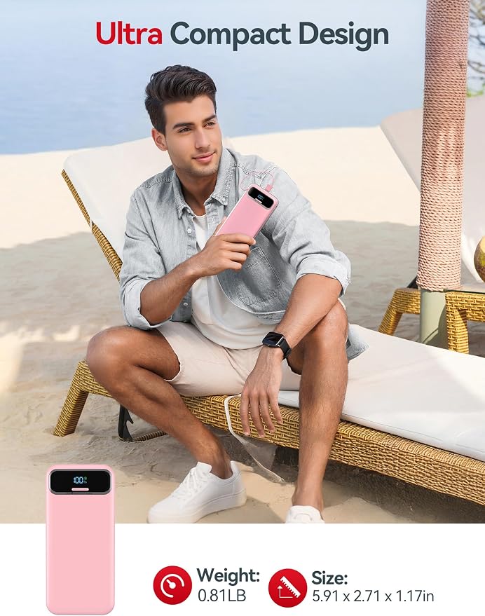 aonidi Portable Charger 20000mAh with Built-in Cables&AC Wall Plug, Pink | PD20W Fast Charging,Travel Essential,TSA Approved,LED Display,All in One USB C Power Bank for All Cell Phones Devices - Image 8