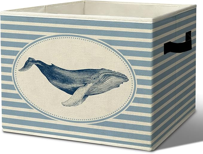 Rustic Whale Storage Bins Boxes with Handles | toys books clothes, sea creatures blue striped nursery foldable basket for organizing bedroom toddler room playroom by Unknown