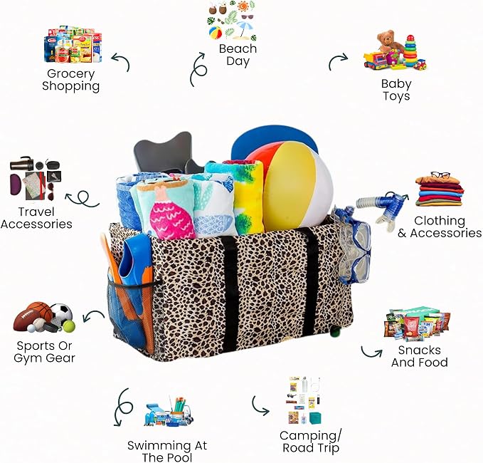Extra Large Utility Tote Bag - Oversized Collapsible Reusable Wire Frame Rectangular Canvas Basket With Two Exterior Pockets For Beach, Pool, Laundry, Car Trunk, Storage - Leopard - Image 3