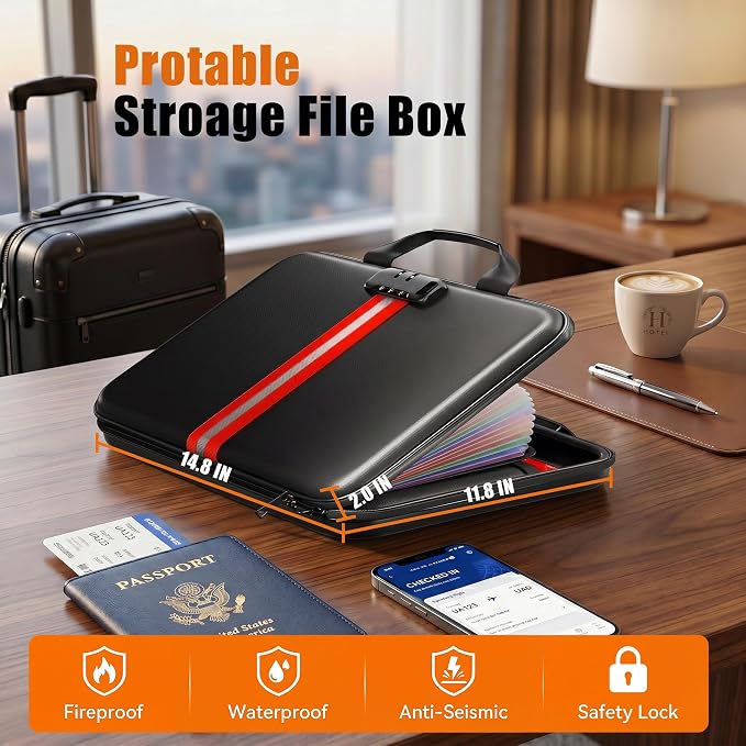 Fireproof Document Organizer with Lock, Rigid EVA File Box with 13-Pocket Accordion Folder for Important Documents & Tablets under 11", Lightweight Safe Storage for Home, Office & Travel (Small Size) - Image 6