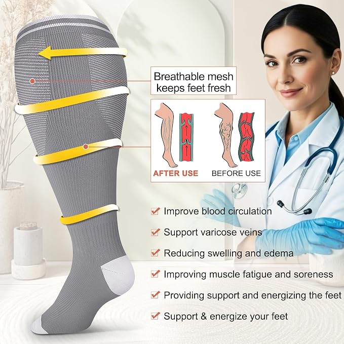 Diu Life 3 Pairs Plus Size Compression Socks for Women and Men Wide Calf Extra Knee High Support for Circulation - Image 3