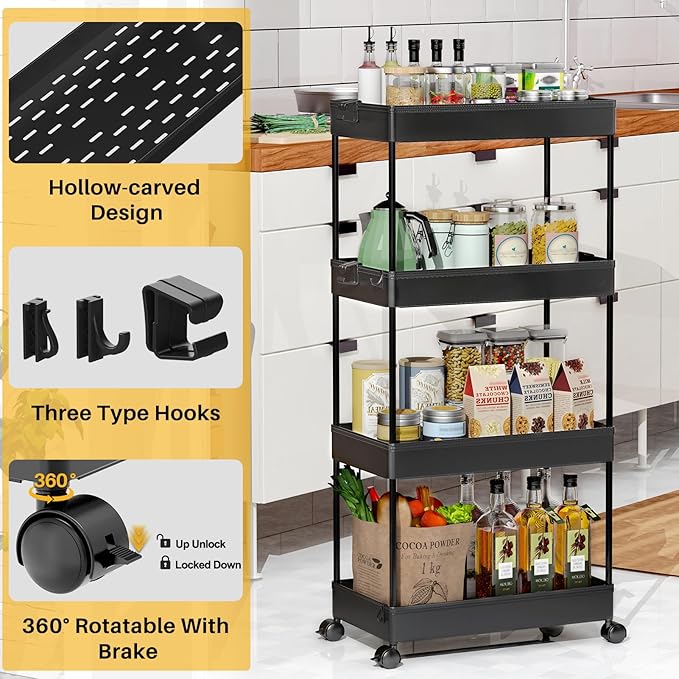 SPACEKEEPER Storage Cart 4-Tier, Bathroom Rolling Cart Utility Storage Organizer Shelf Mobile Shelving Unit for Kitchen Living Room Bathroom Laundry Room & Dressers, Black | Mobile Storage Cart for Laundry Room Organization,Kitchen,Office,Bathroom, Uti... - Image 2