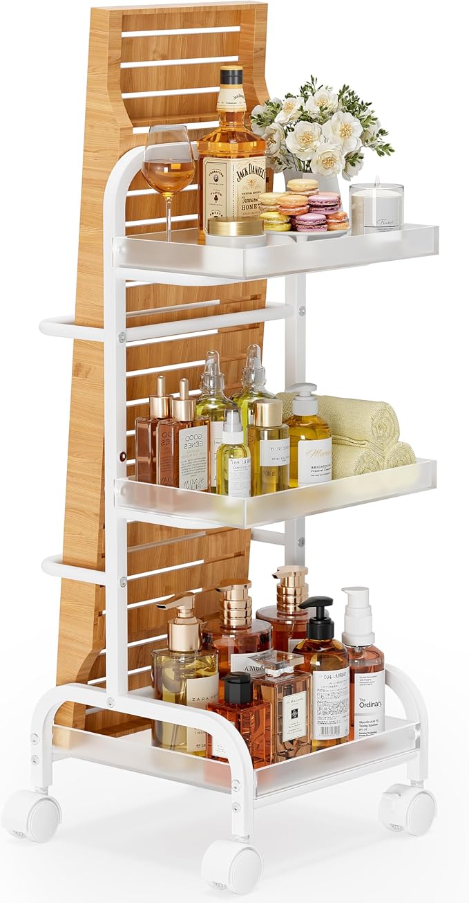 Bathroom Cart with Bathtub Tray Holder, Bathroom Organizers and Storage, Small Slim Shelf Organizer with Bath Tub Caddy Rack, 3 Tier Narrow Skinny Acrylic Rolling Cart for Laundry Room Living Room by VINAEMO